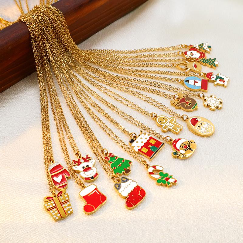 Christmas Cartoon Oil Dripping Elk Snowman Bell Necklace, Creative Design Gift Versatile Item Pendant Woman