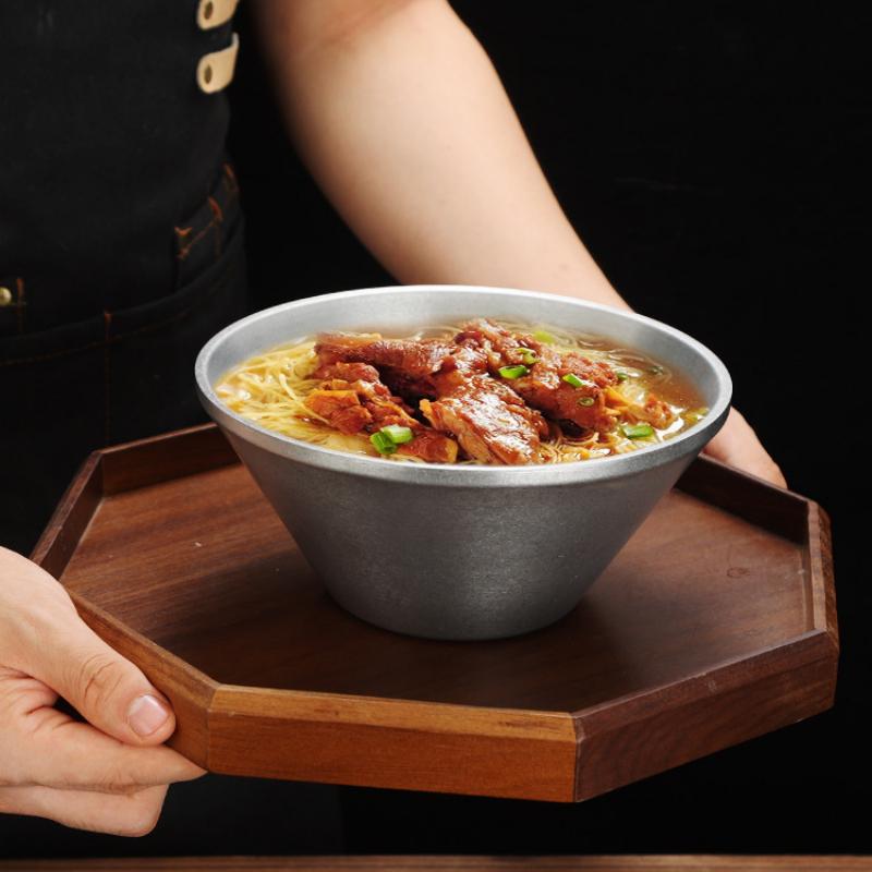 Retro Stainless Steel Salad Bowl Korean Style Double Layer Thicken V-Shaped Ramen Noodle Bowls Soup Rice Bowls Kitchen Tableware