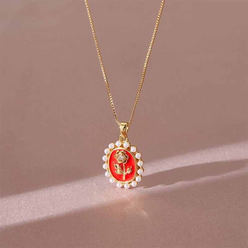 Xiulu Oval Rose Necklace Women'S Retro Trend Personality Versatile Small Pearl Pendant Jewelry