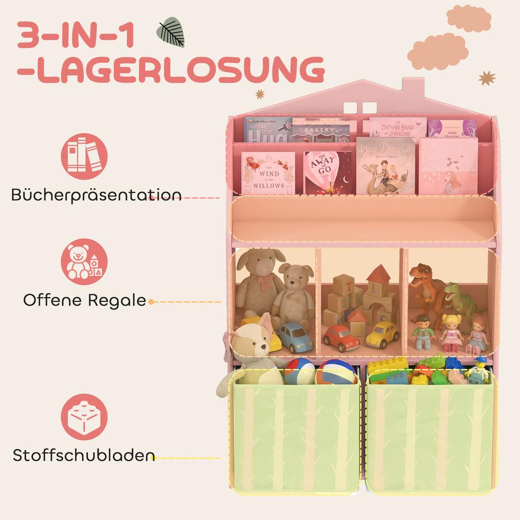 Kids Bookshelf with Storage, Toy Storage Unit with Book Display, Shelves and Fabric Drawers for Playroom Nursery, Pink