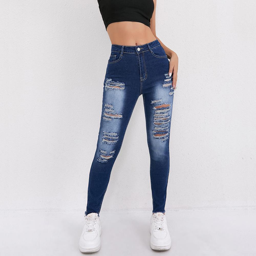 

Puffanpop Женские рваные джинсы с высокой посадкой, облегающие джинсы, джинсовые брюки, повседневные джинсы, джинсы-бойфренды XXL синий