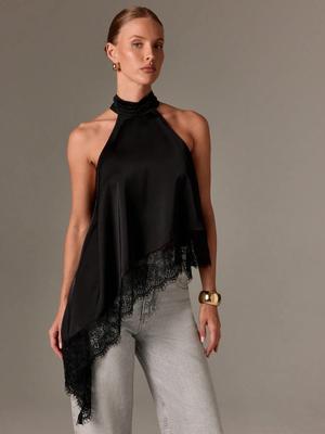 2025 Women's Satin Halter Neck Sleeveless Asymmetrical Camisole with Lace Trim