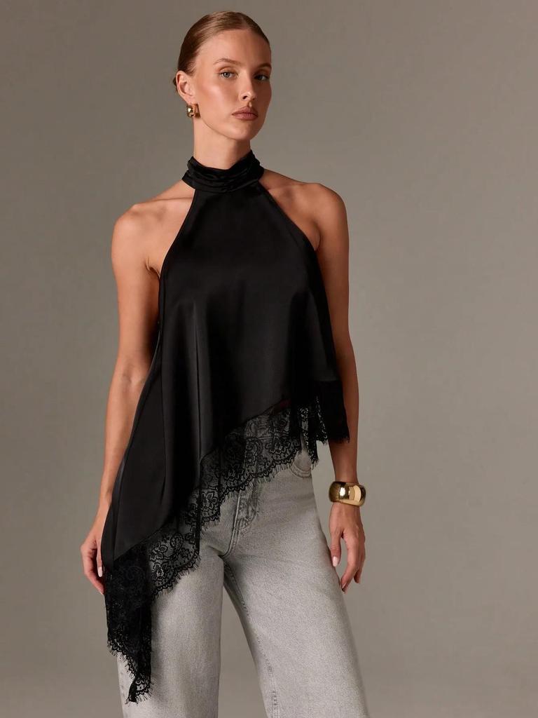 2025 Women's Satin Halter Neck Sleeveless Asymmetrical Camisole with Lace Trim