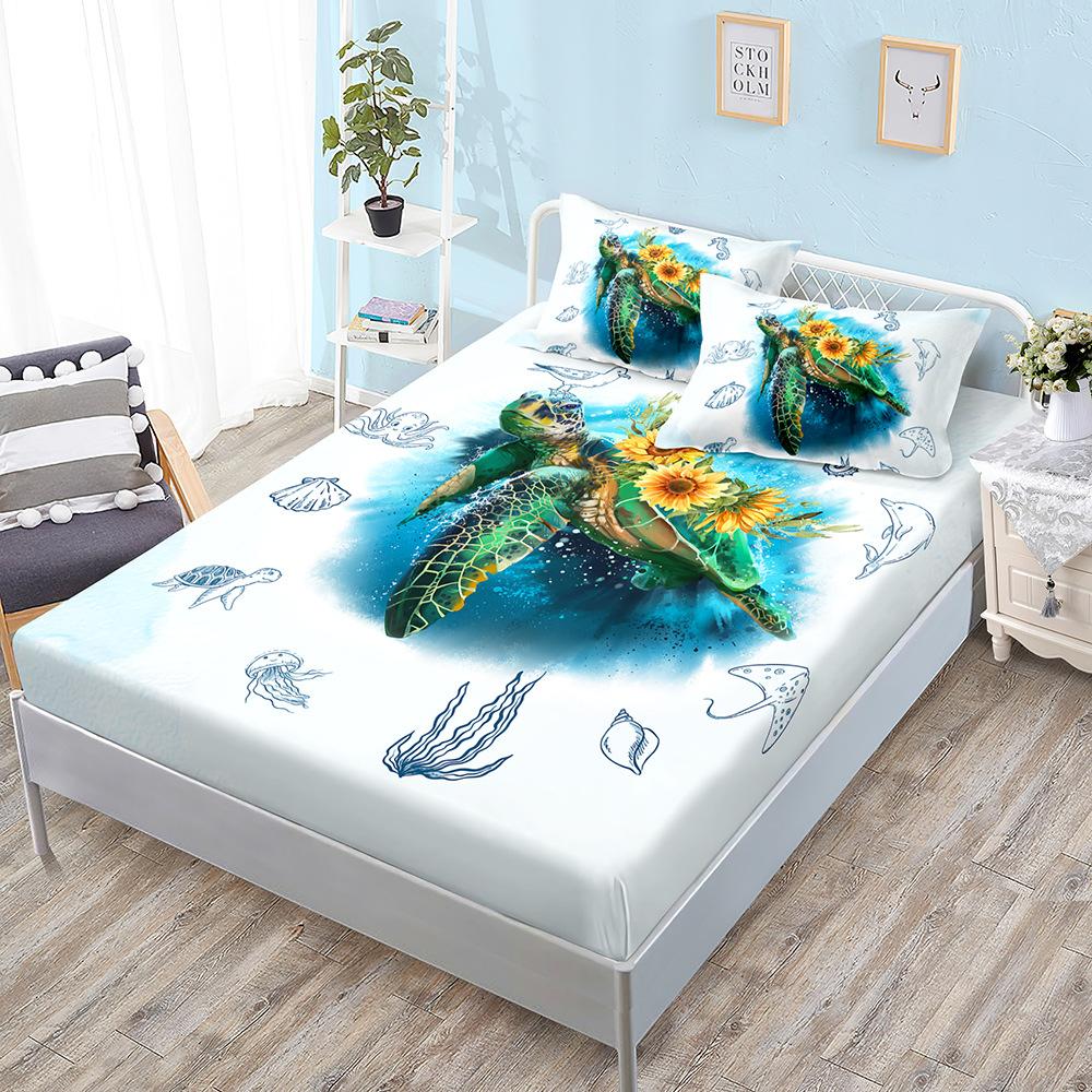 Unterwasserwelt Schildkröten-Set, Laken Dreiteiliges Set, Tagesdecke Kissenbezug, Matratzenschutzhülle