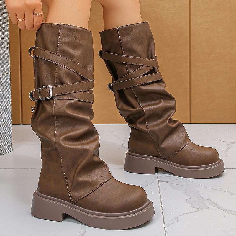 Fashion Fall Winter 2025 Fashion Pleated Knight Boots Buckle Strap Decor PU Leather Mid Calf Botas Mujer Chunky Platform Western Boots