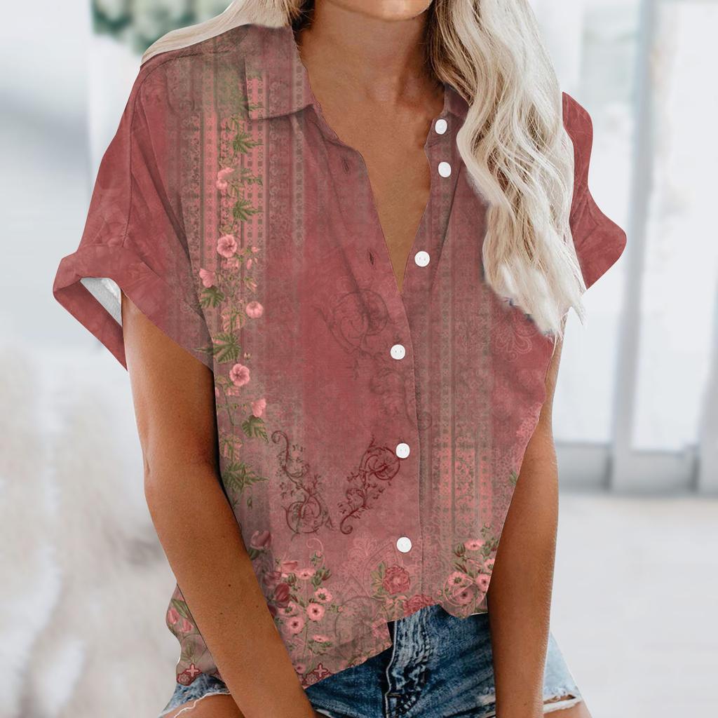 Women Summer Tops Short Sleeves V Neck Button Shirts Work Shirts Dressy Elegant Loose Shirts Women Pullover Beach Shirts Short Sleeves
