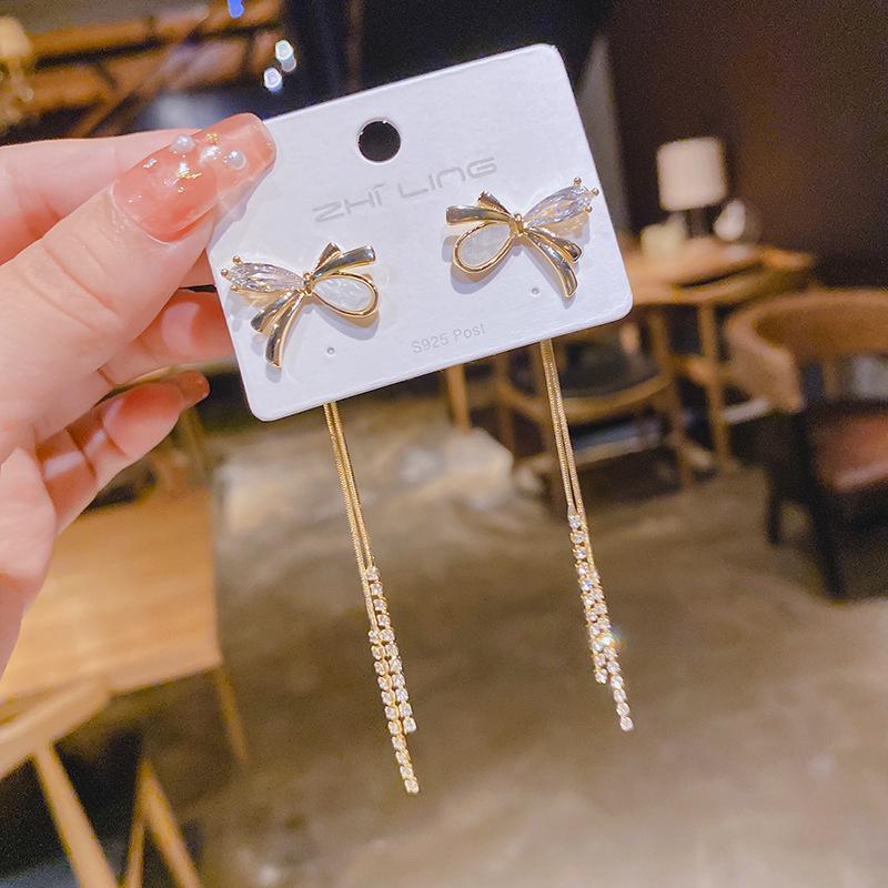 925 Silver Zircon Bow and Pearl Long Tassel Earrings - Autumn Fairy Style Electroplated