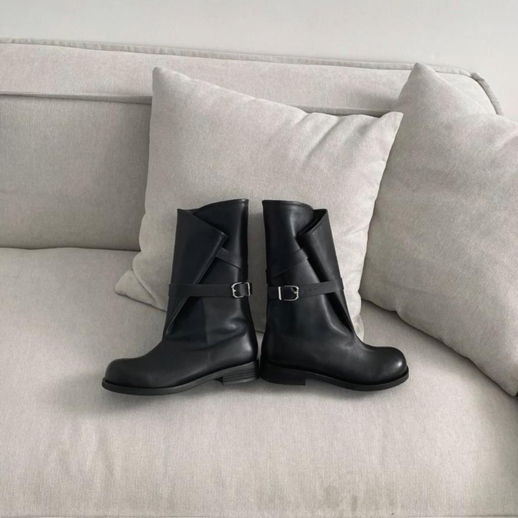 Korean Niche Folding Wide Tube Medium Boots Western Cowboy Boots Women's Autumn and Winter Thick Heel Round Head Belt Buckle Martin Boots