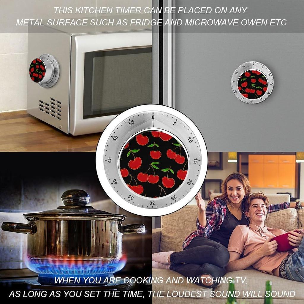 Cherry Berries Stainless Steel Kitchen Timer 60 Minute Wind Up Magnetic Timer Clock for Cooking Baking