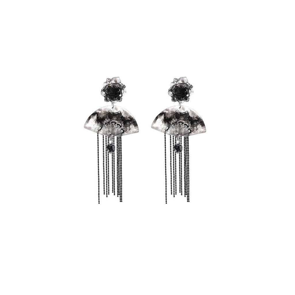 Silver Needle Chinese Ink Painting Flower Tassel Earrings: Light Luxury, High-End Qipao Accessories for Women