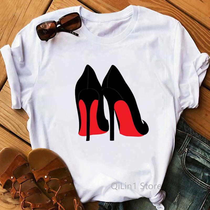 New Women's T-Shirt Pink High Heel Top Female T Shirts Lady Luxury Make Up Paris Style Shirt Harajuku Summer Tops Short Clothes