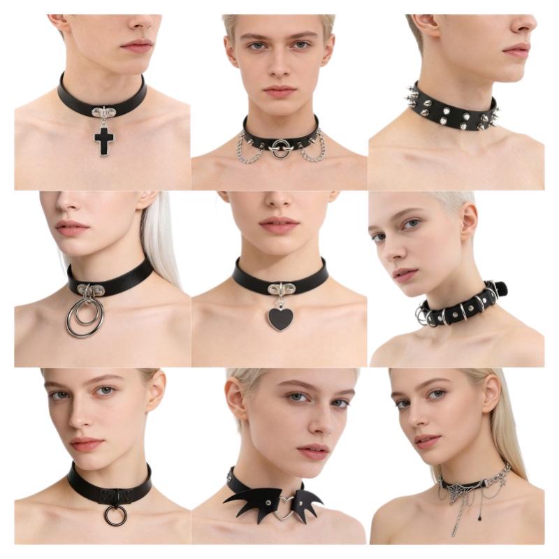 Unisex European Punk Black Leather Choker with Metal Chain and Lock Pendant.