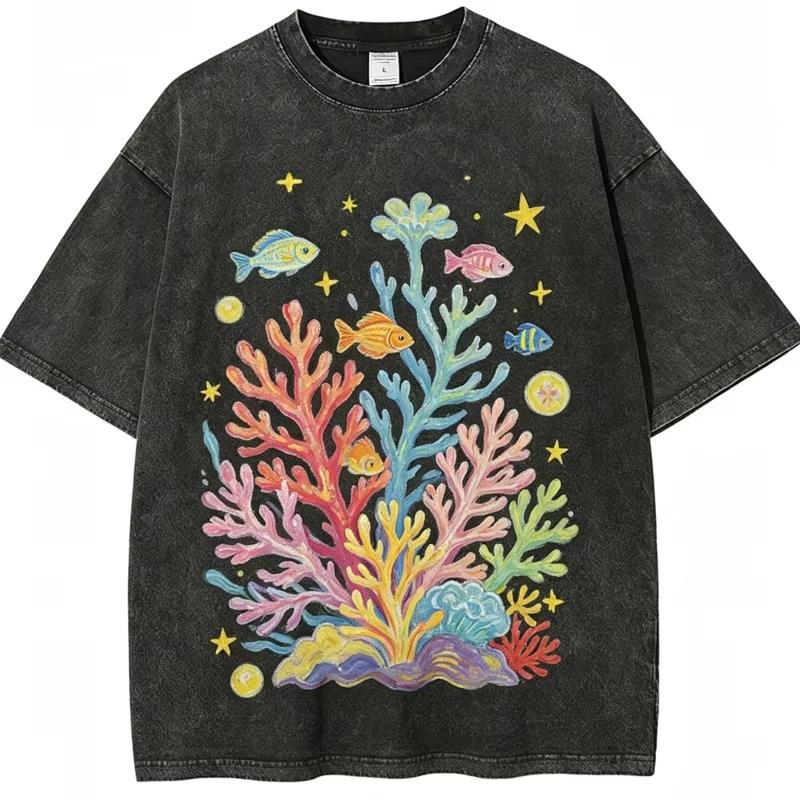 Colorful Jellyfish Print T-Shirt Vintage Washed Marine Life Graphic Tee Casual Streetwear Oversized Unisex Cotton Short Sleeve Tops, Harajuku Style