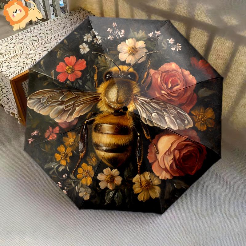 Bee Flower  Pattern, Automatic Folding Umbrella, Portable and Foldable Design, 8 Ribs, a Christmas or Birthday Gift.