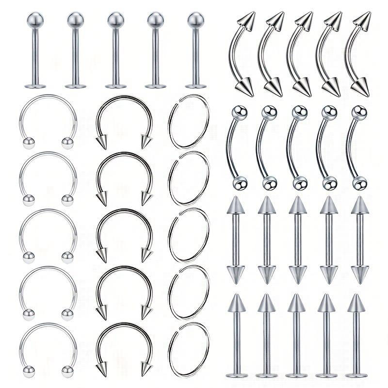 

40-Piece Set: Stainless Steel Nose Rings, Hoops, Eyebrow, Tongue, Lip Studs & Curved Bar Piercings 1.2x8x3mm