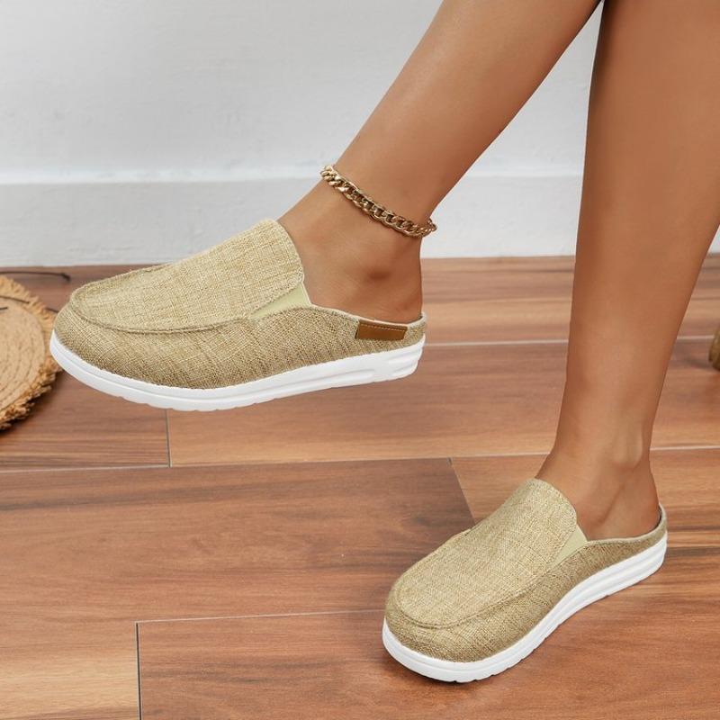 

Модные трендовые тапочки из парусины 2024 года, новые повседневные на плоской подошве, противоскользящие, с ремешком на пятке, парусиновые полутапочки 43 хаки