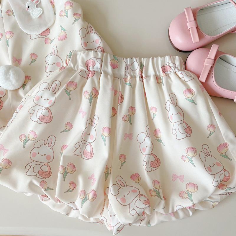 Girls Summer Cute Rabbit Sleeveless Vest And Bud Shorts Two Piece Set Thin Stylish Outfit