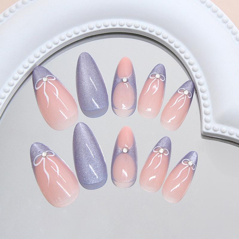 Cat Eye Crisp Blue French Bow Removable Nail Art 24 Tablets