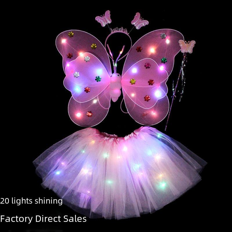 Children's Glow Angel Costume: Girl's Gauze Skirt with Flashing Wings and 20-Light Butterfly Design, 3-Piece Set.