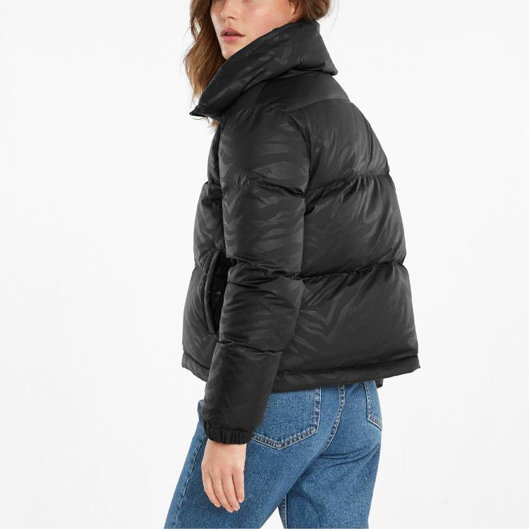 Puma Women's Black Logo Print Short Stand Collar Warm Winter Down Jacket