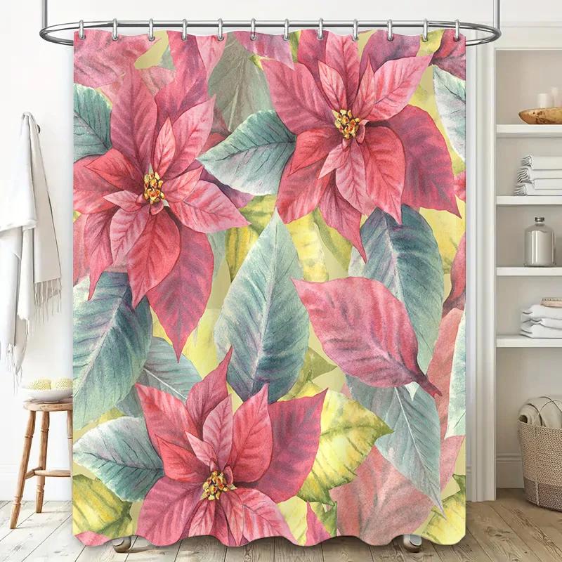 Decorative Flower Print Shower Curtain Pink Poinsettia Design For Bathrooms Home Decor Accessories Supplies On