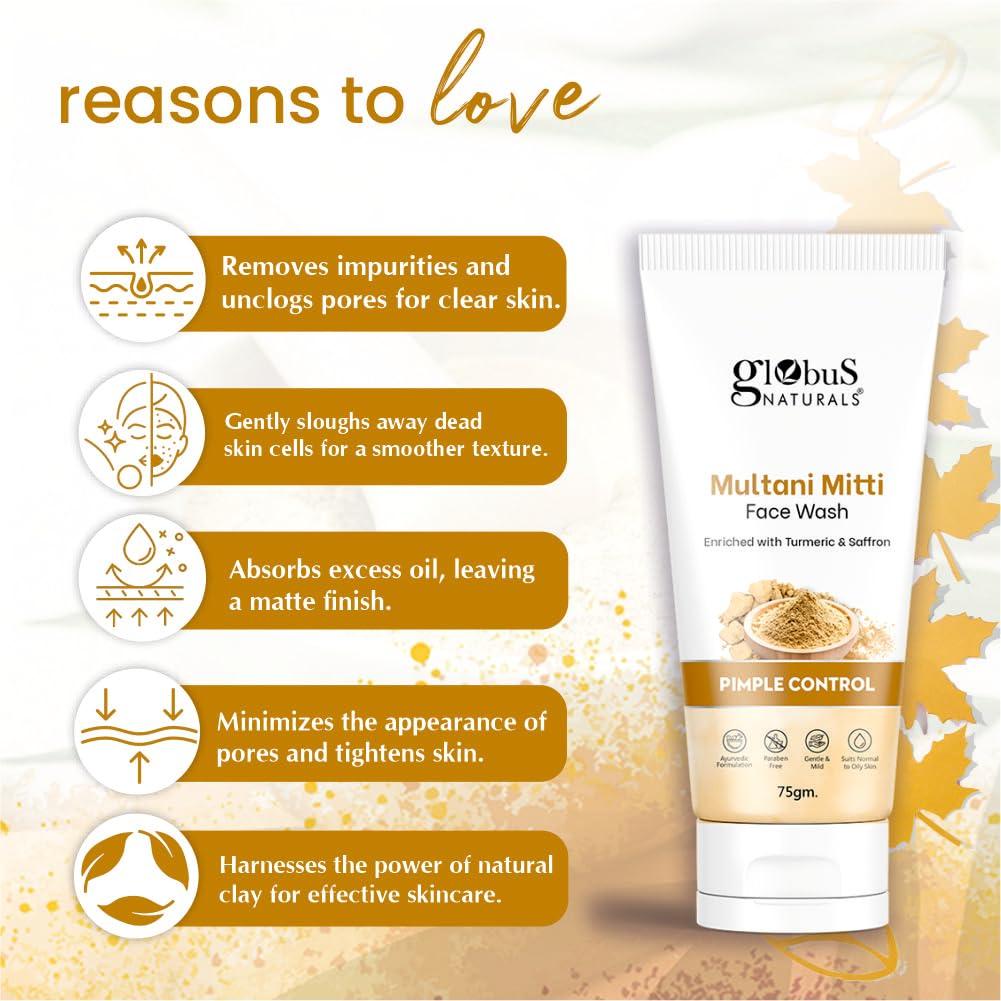 Globus Naturals Multani Mitti Gezichtsreiniger, Verrijkt Met Kurkuma & Saffraan, Voor Puistjesbestrijding, Geschikt Voor Vette & Acne-gevoelige Huid, 75 gr (Pak van