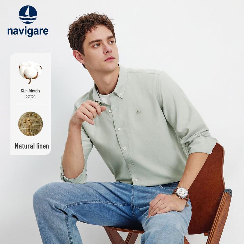 Navigare Men s Solid Color Cotton Linen Long-Sleeve Shirt S