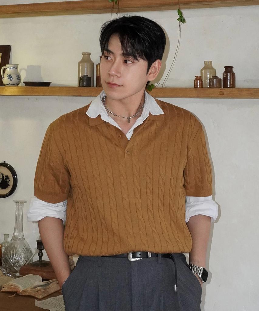 MINDBRIDGE [Set][On][Select Collar Or Round Neck] Linen-Like Cable Oversized Short Sleeve Knit - 6 Colors (Type A)