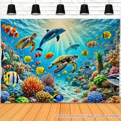 2D Ocean Animals Backdrop Underwater World Dolphin Turtle Fish Kids Birthday Party Banner