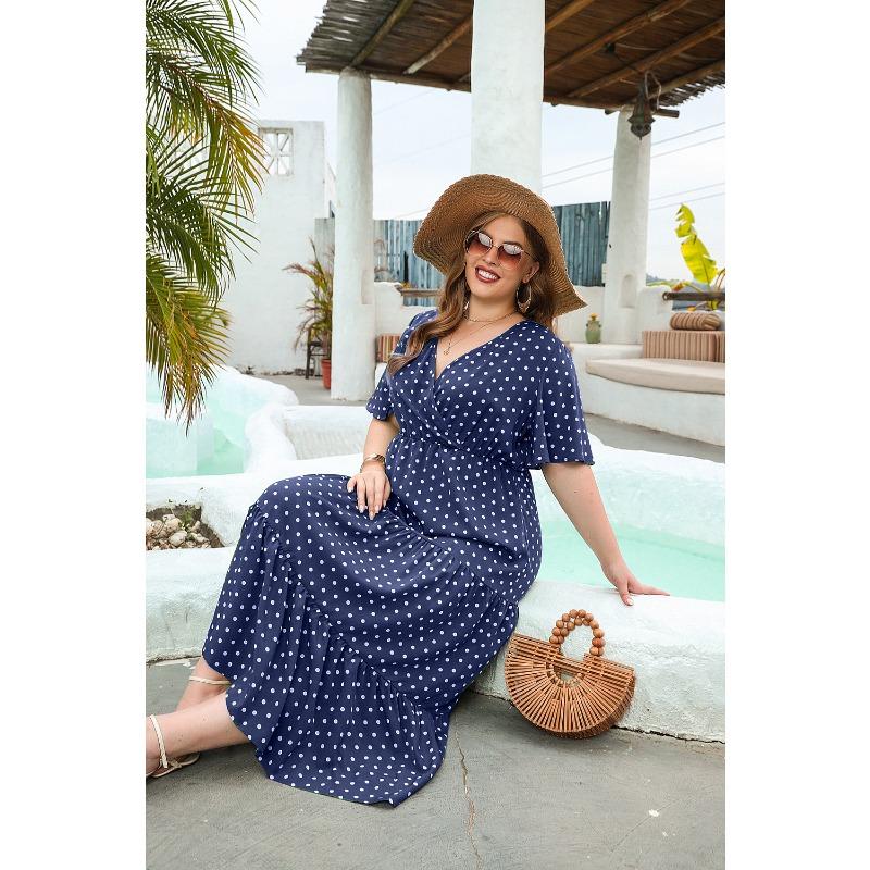 Summer Women Plus Size Polka Dot Dress Casual V-Neck Vacation Dress Elegant Loose Midi Dresses