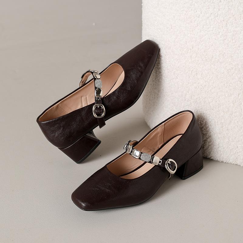 Low-cut One-button High-heeled Shoes - Women's New Style Casual Square-toe Sandals