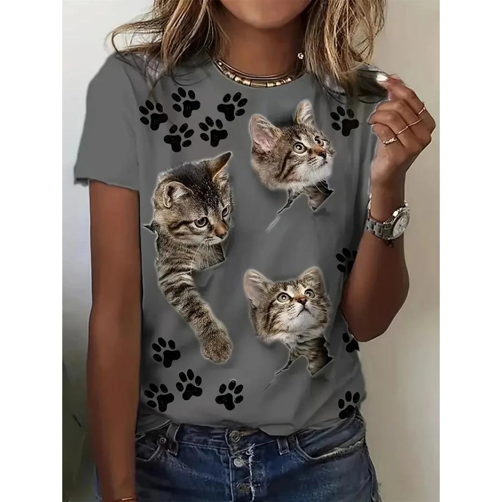 Summer Cartoon Cat Europe and America 3D Digital Printing Series New Summer Women's Loose Round Neck Short Sleeve 3208