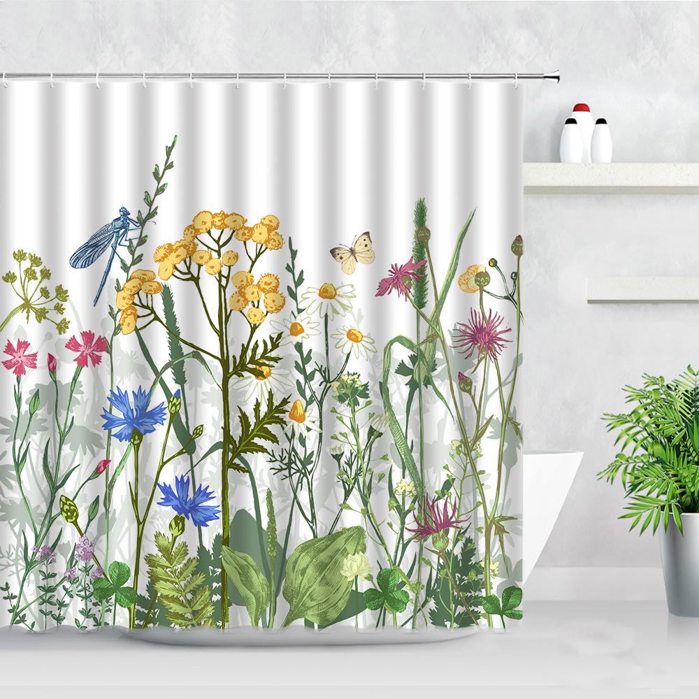 

Natural Floral Shower Curtains Flowers Green Leaf Butterfly Water Color Art Nordic Modern Waterproof Bathroom Decor Curtain W60H190(CM)-1 Pcs