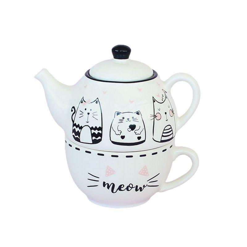 Cute French-Style Cat Ceramic Teapot Set With Matching Cup White Porcelain Tea Home Decor Gift