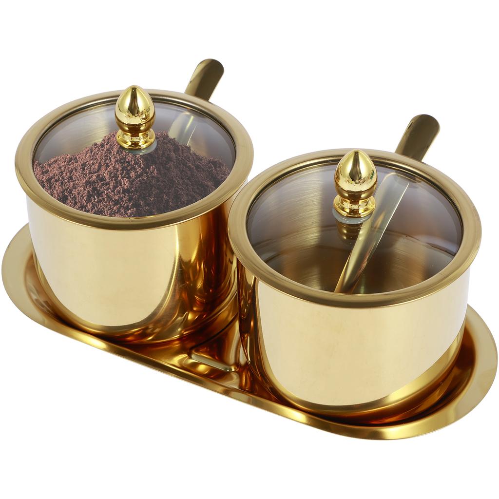 1/2Pcs Stainless Steel Sugar Bowl Set with Glass Lid and Spoon Rustproof Seasoning Box Round Condiment Pots Polished Shiny Sugar
