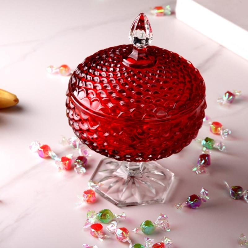 Bocal à Bonbons Épais en Verre Cristal Rouge avec Couvercle Boîte à Bijoux Ornementale Estampée Élégante Sucrenière pour Décorations de Mariages Fêtes