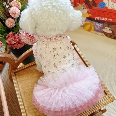 Small Floral Dress with Mesh Puff Skirt for Dogs And Cats Lace Princess Tank Top Spring/Summer Pet Clothes for Puppy Teddy