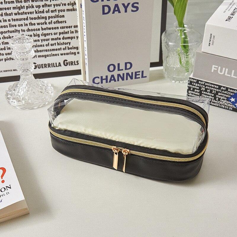 

Пенал большой емкости, двухслойный, прозрачный, с видимой сумкой для кистей для макияжа, простой черный, бежевый цвет, сумка для хранения канцелярских принадлежностей чёрный