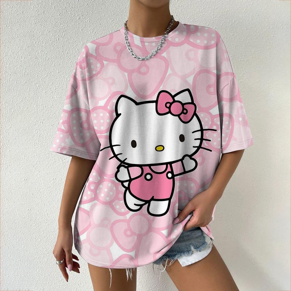 Hello Kitty Tops Aesthetic Women's T-shirts Streetwear Woman Funny Tees Short Sleeves T-shirt Clothing Fashion Girl Festival Top