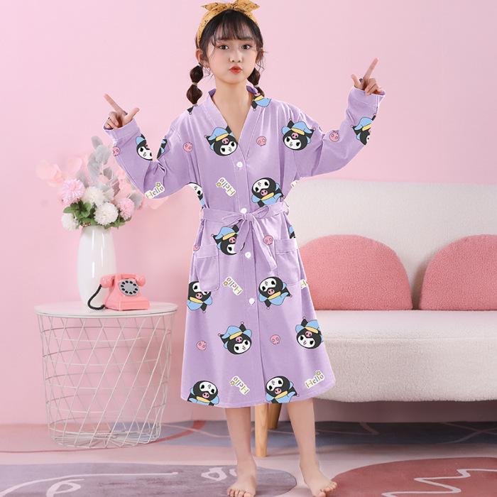 Girls' Combed Cotton Long-Sleeve Pajama Robe - Spring/Summer Bathrobe for Kids, Cute Sleepwear for Middle and Big Girls