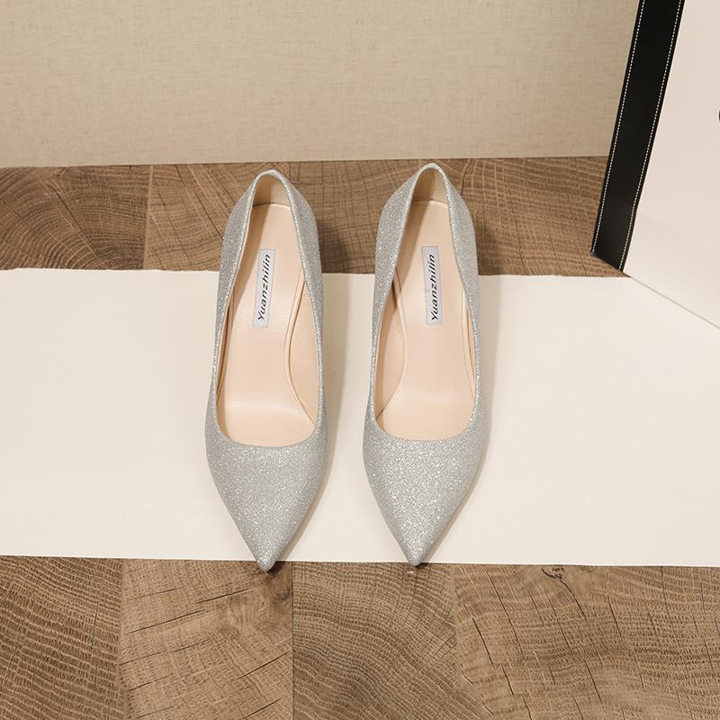 

Женская обувь на каблуке 2024 Лето Сексуальные туфли-лодочки с острым носком Женские туфли на высоком каблуке Платье Офисные женские туфли Слингбэки Женские туфли-лодочки 35 серебряный