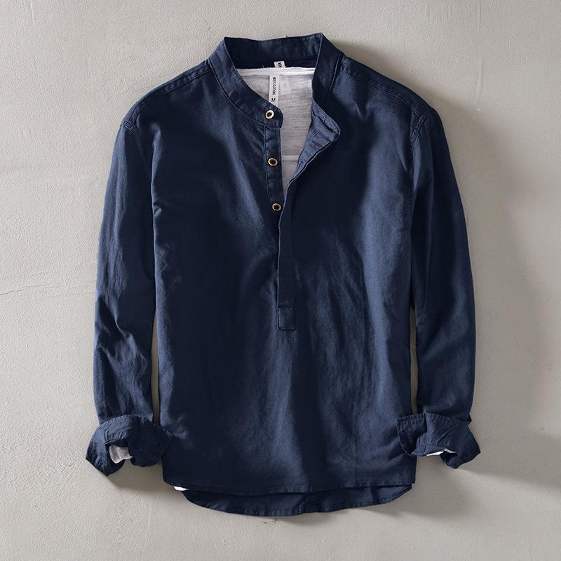 Shirt Top Men's Casual Shirt Korean Version Slim Fit Solid Color Stand-up Collar Pullover Commuter Shirt Men