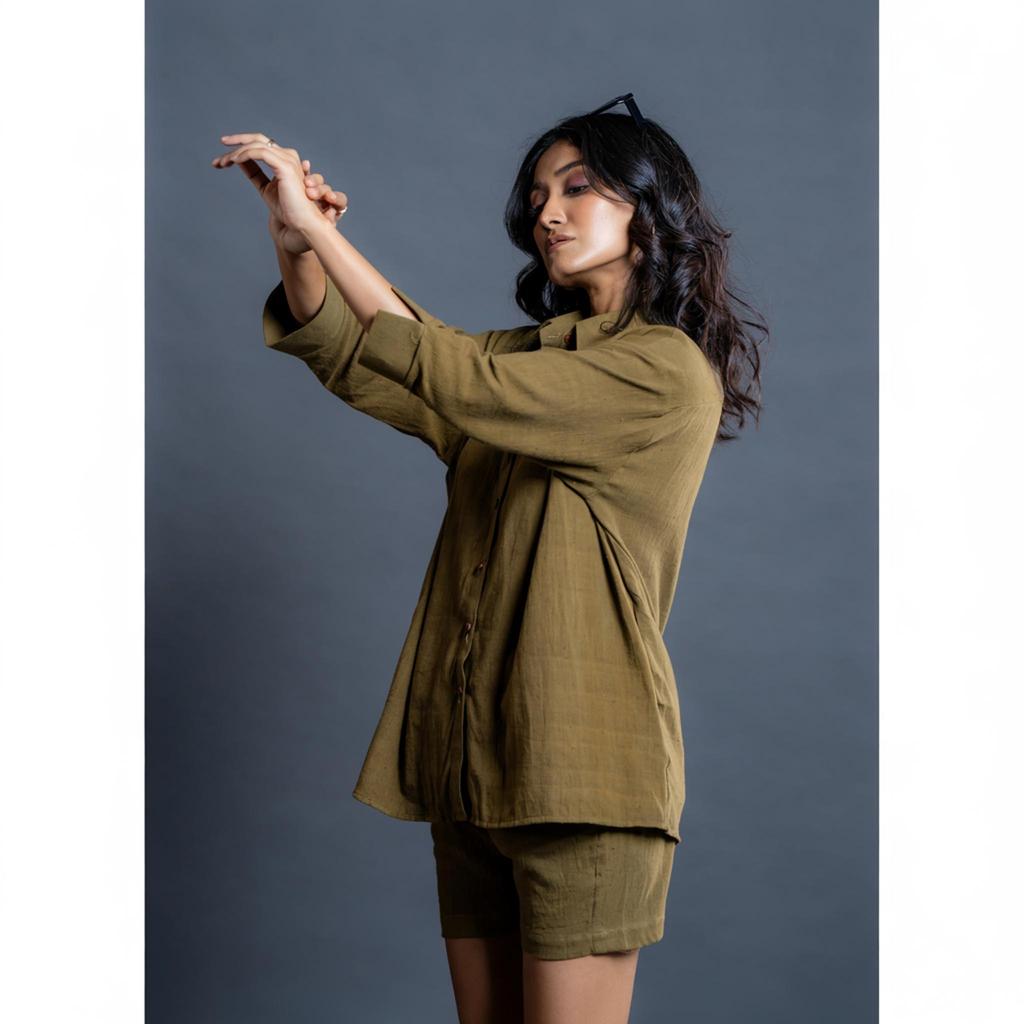 Women’s Olive Cotton 2pcs Set Casual Oversized Shirt Shorts Set Summer Outfit for Travel Lounge Wear Daily Wear