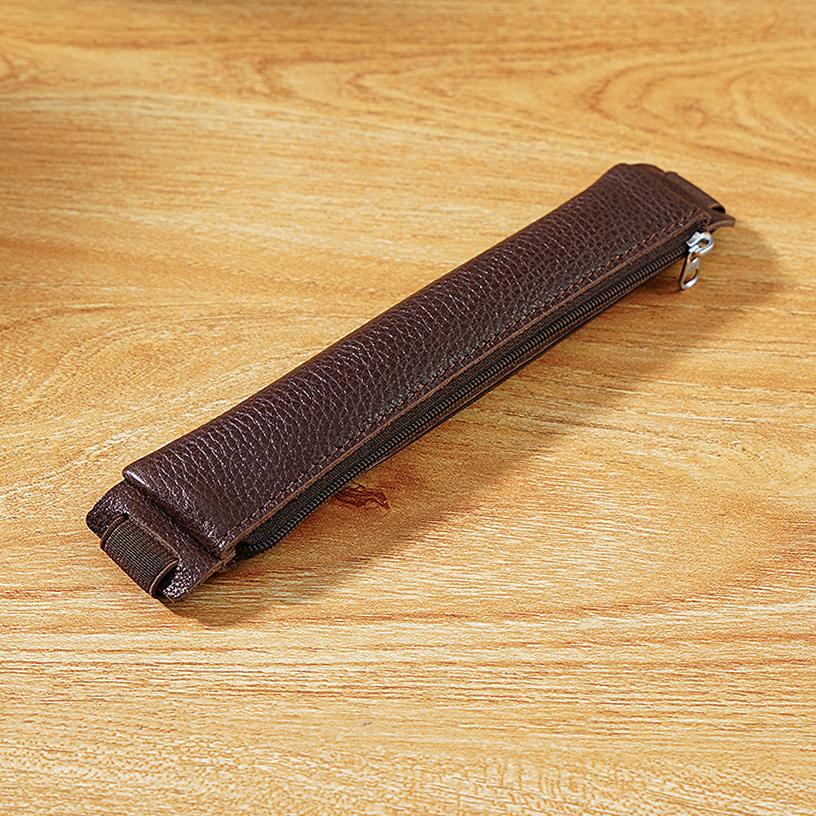AIGUONIU Genuine Cowhide Leather Zipper Pencil Case Elastic Band Pen Pouch with Convenient Bookmark Function