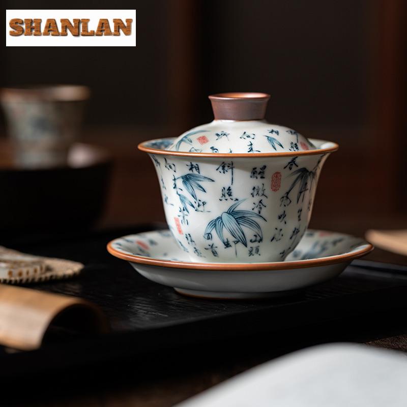 130ml Ru Kiln Three-talent Gaiwan Ancient Tea Tureen Tea Bowl With Lid Kit Tea Brewing Cover Bowl Tea Items Supplies Collection