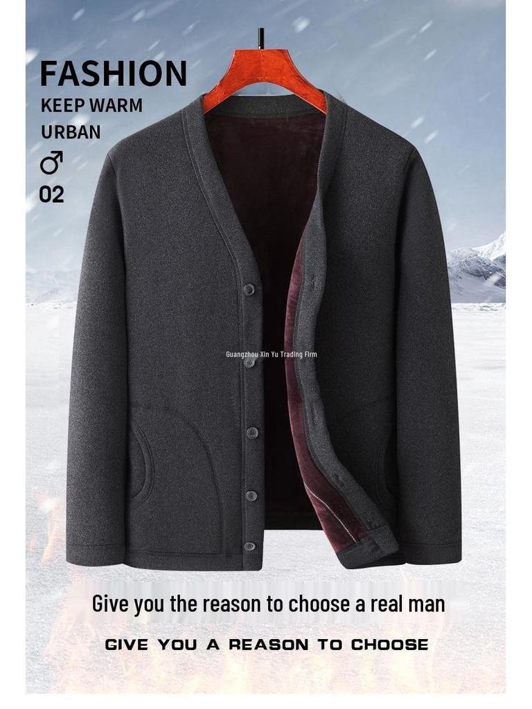 Men's Fleece-Lined Warm Winter Cardigan Jacket for Middle-Aged & Elderly