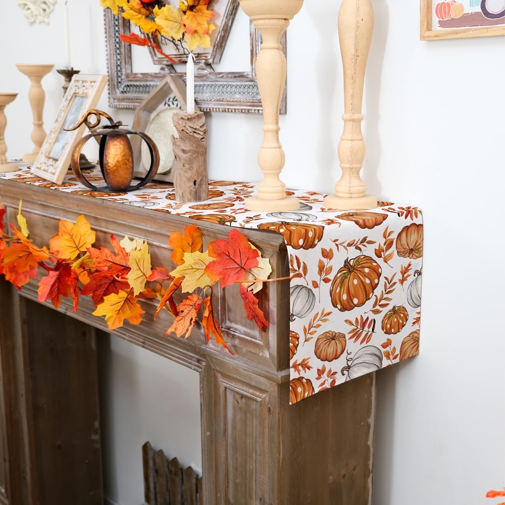 Fall Linen Table Runner Pumpkin Maple Leaves Orange Autumn Seasonal Farmhouse Indoor Kitchen Home Table Party Decorations