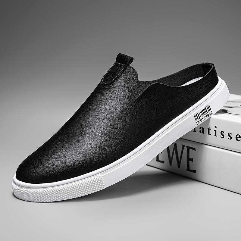 

New Men s Muller Shoes Handmade Mens Slip on Walking Shoes Male Comfortable Half Drag Luxury Brand Flats Men s Outdoor Shoes 44 чёрный