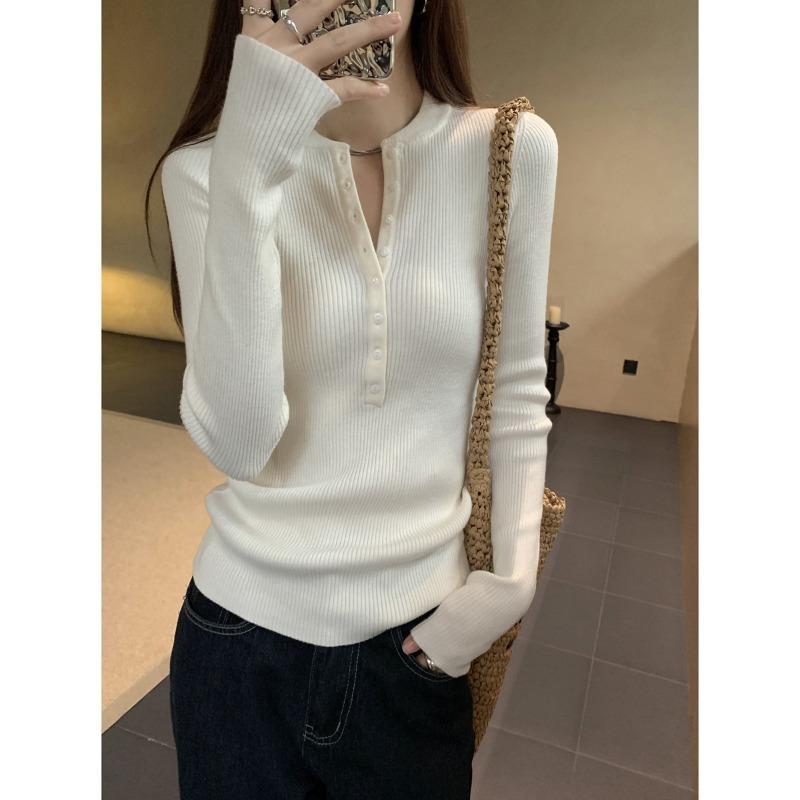 Spring single-breasted slim-fit pit strip knitted sweater women's crew neck pullover long-sleeved top Lazy wind bottoming shirt