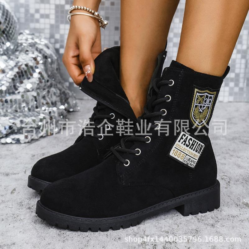 

High-quality assembly line batch non-cold sticky shoes medium tube front lace-up viscose shoes suede thick heel round head Martin boots 36 чорний